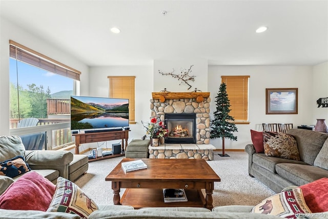 60 Black Diamond Trl Unit 60D, Silverthorne, CO 80498 - living room featuring carpet flooring, a stone fireplace, and recessed lighting