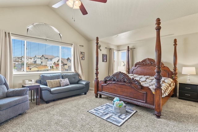 9233 Waters Edge Dr, Fountain, CO 80817 - bedroom with carpet floors, lofted ceiling, and a ceiling fan