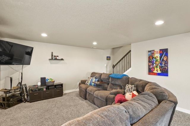 9233 Waters Edge Dr, Fountain, CO 80817 - living area featuring carpet floors, stairs, recessed lighting, and a textured ceiling