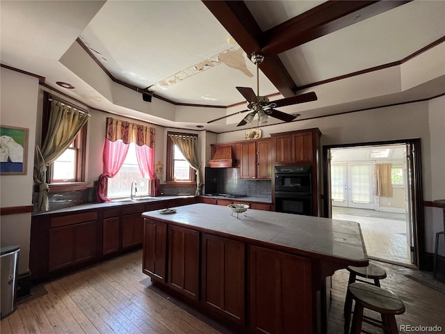 kitchen featuring a healthy amount of sunlight, dark hardwood / wood-style floors, black double oven, and custom range hood