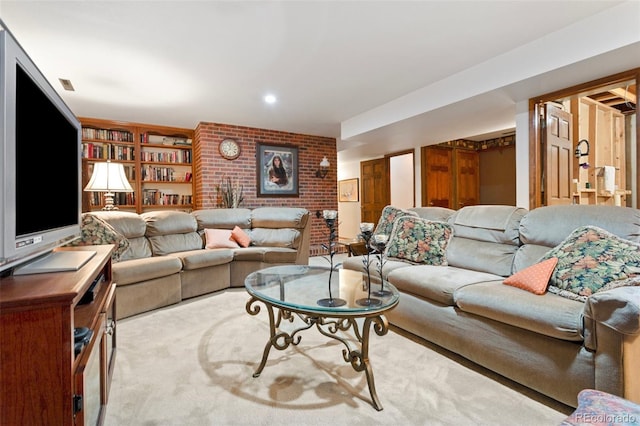 carpeted living room with built in features