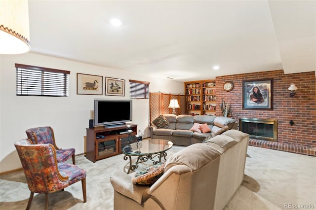 living room with light colored carpet and a fireplace