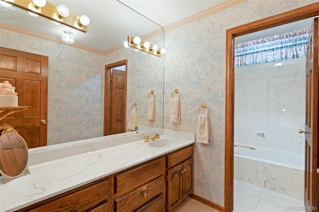 bathroom with ornamental molding, tiled bath, tile patterned flooring, and vanity