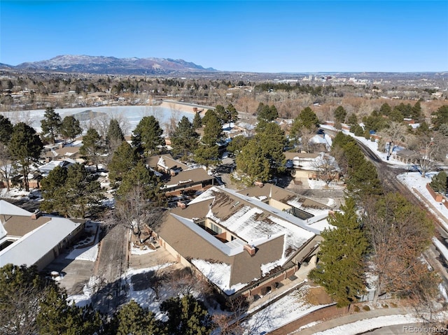 drone / aerial view featuring a mountain view