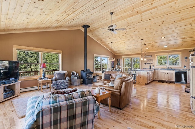1838 E Longbow Dr, Como, CO 80432 - living area featuring a wood stove, a baseboard heating unit, wooden ceiling, light wood-style flooring, and lofted ceiling