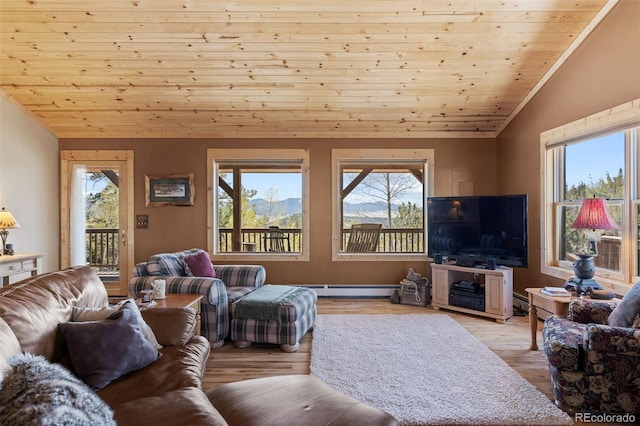 1838 E Longbow Dr, Como, CO 80432 - living area with wood ceiling, plenty of natural light, vaulted ceiling, light wood-style floors, and a baseboard radiator