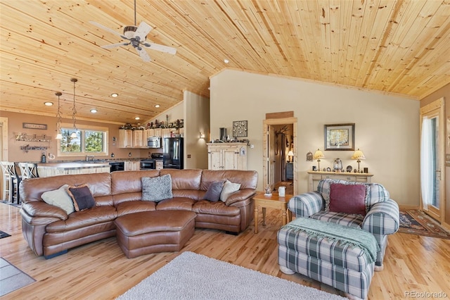 1838 E Longbow Dr, Como, CO 80432 - living area with wood ceiling, light wood finished floors, lofted ceiling, recessed lighting, and ceiling fan