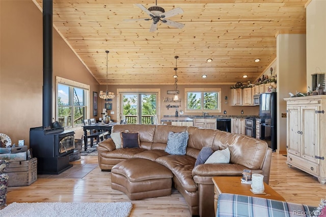 1838 E Longbow Dr, Como, CO 80432 - living room featuring wooden ceiling, healthy amount of natural light, light wood-style floors, a wood stove, and recessed lighting