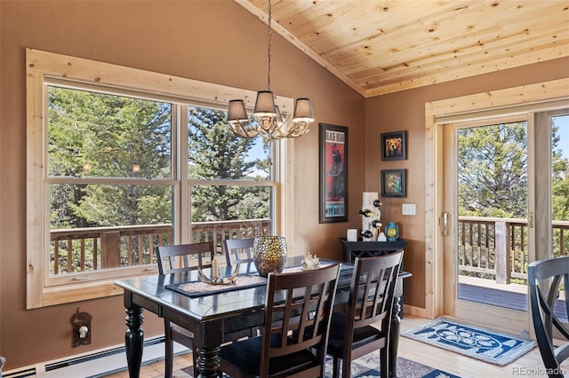 1838 E Longbow Dr, Como, CO 80432 - dining space featuring vaulted ceiling, a chandelier, wood ceiling, light wood-type flooring, and a baseboard radiator