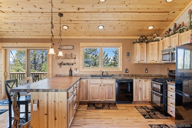 1838 E Longbow Dr, Como, CO 80432 - kitchen featuring black appliances, light brown cabinets, wood ceiling, a sink, and plenty of natural light