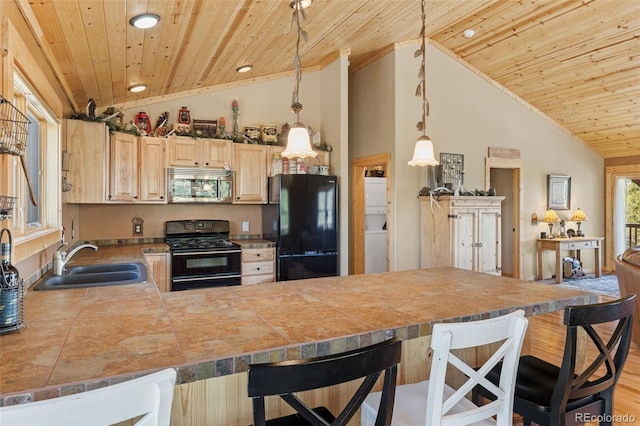 1838 E Longbow Dr, Como, CO 80432 - kitchen with black appliances, a sink, lofted ceiling, wooden ceiling, and a peninsula