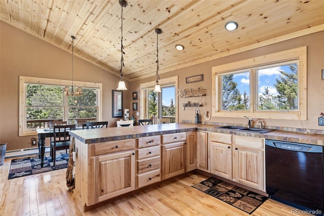 1838 E Longbow Dr, Como, CO 80432 - kitchen with black dishwasher, a sink, light brown cabinets, light wood-type flooring, and wood ceiling