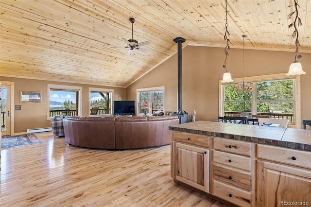 1838 E Longbow Dr, Como, CO 80432 - living room featuring a baseboard heating unit, wooden ceiling, light wood finished floors, high vaulted ceiling, and a wood stove