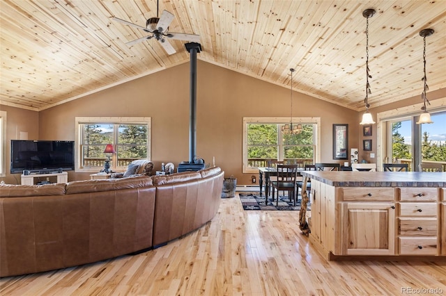 1838 E Longbow Dr, Como, CO 80432 - living area with light wood-type flooring, a wood stove, high vaulted ceiling, wooden ceiling, and a baseboard radiator
