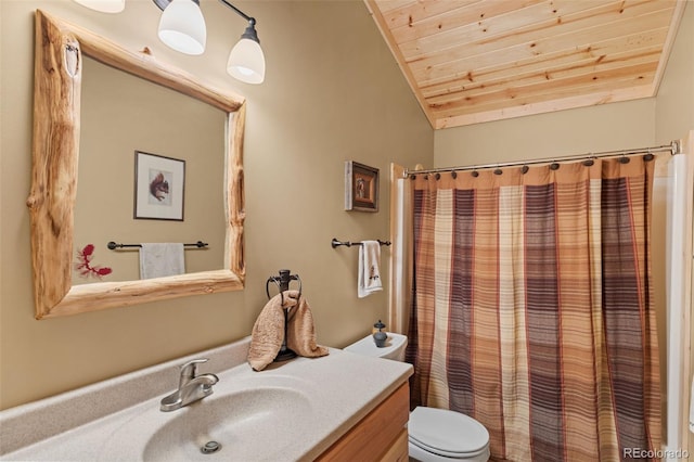 1838 E Longbow Dr, Como, CO 80432 - bathroom with wood ceiling, toilet, vanity, lofted ceiling, and curtained shower