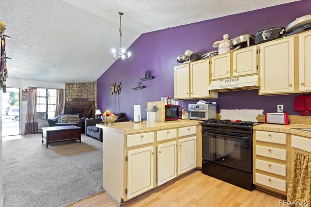 kitchen featuring pendant lighting, light hardwood / wood-style flooring, vaulted ceiling, a fireplace, and black appliances