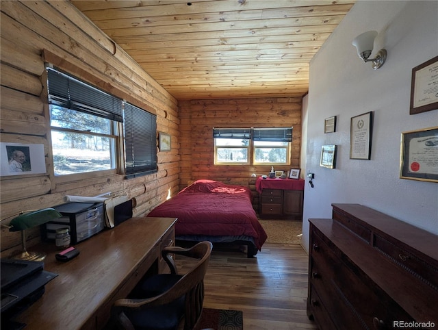 bedroom featuring dark wood-type flooring and wooden ceiling