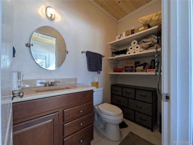 bathroom with wood ceiling, vanity, vaulted ceiling, tile patterned floors, and toilet