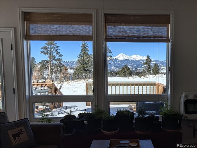 interior details with heating unit and a mountain view