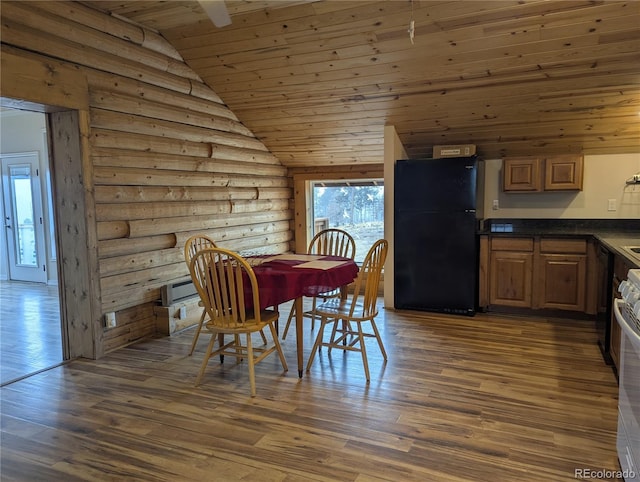 dining room featuring dark wood-type flooring, log walls, high vaulted ceiling, and wood ceiling