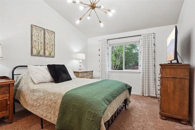 12753 Buckhorn Creek St, Parker, CO 80134 - bedroom with a chandelier, lofted ceiling, carpet floors, and baseboards