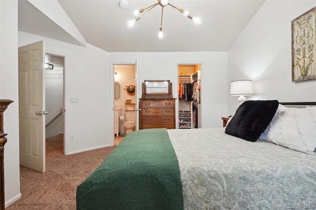 12753 Buckhorn Creek St, Parker, CO 80134 - carpeted bedroom featuring a walk in closet, a closet, lofted ceiling, a chandelier, and ensuite bath