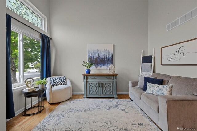 11188 Latigo Ln, Parker, CO 80138 - living room featuring baseboards, wood finished floors, and a towering ceiling