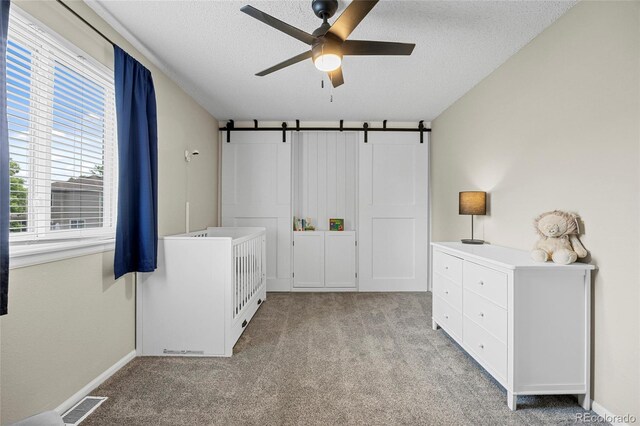 11188 Latigo Ln, Parker, CO 80138 - bedroom with a barn door, carpet floors, a textured ceiling, and baseboards