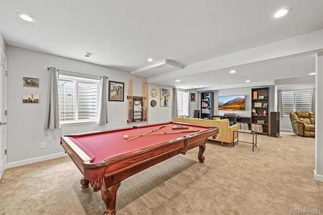 2090 Bellavista St, Castle Rock, CO 80109 - game room with light colored carpet, recessed lighting, pool table, baseboards, and plenty of natural light