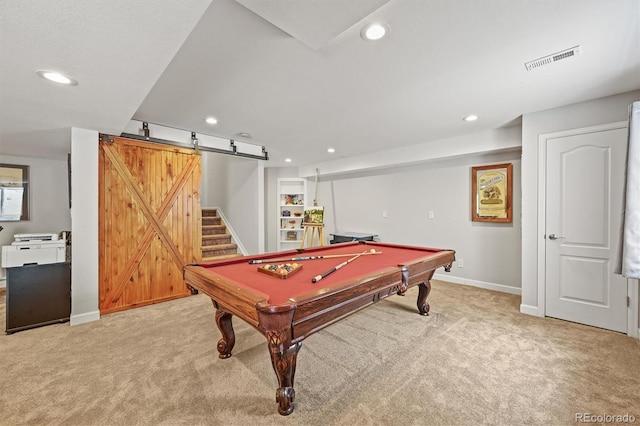 2090 Bellavista St, Castle Rock, CO 80109 - rec room featuring light colored carpet, recessed lighting, baseboards, pool table, and a barn door