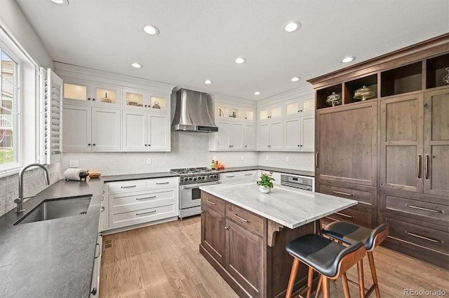 2090 Bellavista St, Castle Rock, CO 80109 - kitchen with appliances with stainless steel finishes, wall chimney range hood, a sink, light wood-style flooring, and recessed lighting