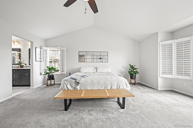 2090 Bellavista St, Castle Rock, CO 80109 - carpeted bedroom featuring lofted ceiling, baseboards, connected bathroom, and ceiling fan