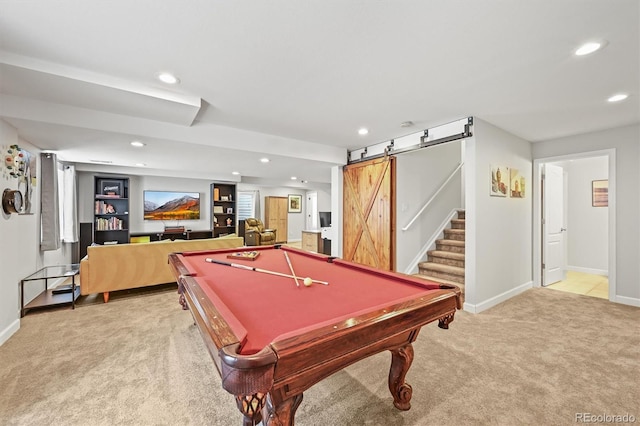 2090 Bellavista St, Castle Rock, CO 80109 - playroom with a barn door, light carpet, recessed lighting, baseboards, and billiards