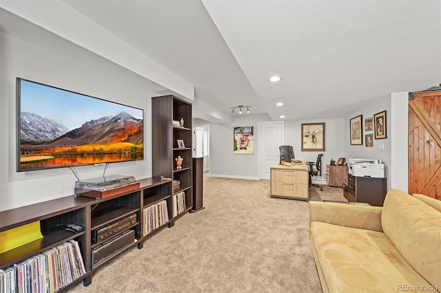 2090 Bellavista St, Castle Rock, CO 80109 - living area with light colored carpet, an office area, recessed lighting, and baseboards