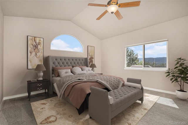149 Walters Creek Dr, Monument, CO 80132 - carpeted bedroom featuring lofted ceiling, multiple windows, and ceiling fan