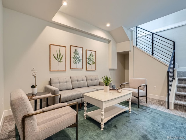 living room with stairway, recessed lighting, and baseboards