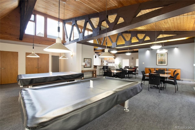 recreation room with pool table, dark carpet, and high vaulted ceiling