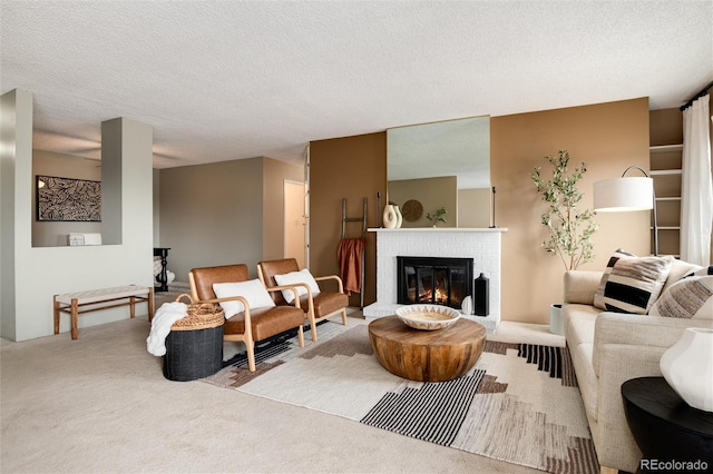 carpeted living room featuring a brick fireplace