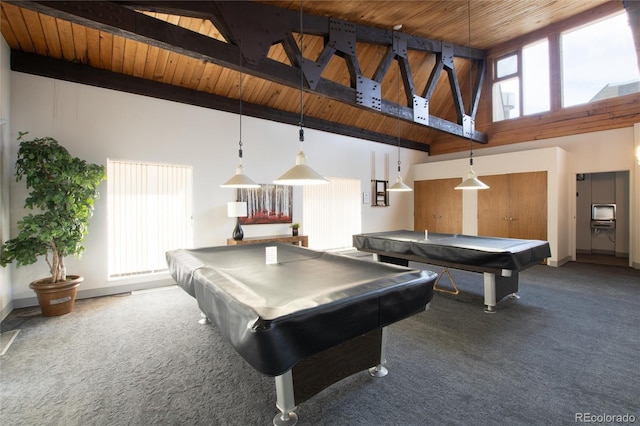 game room featuring dark colored carpet, high vaulted ceiling, and billiards