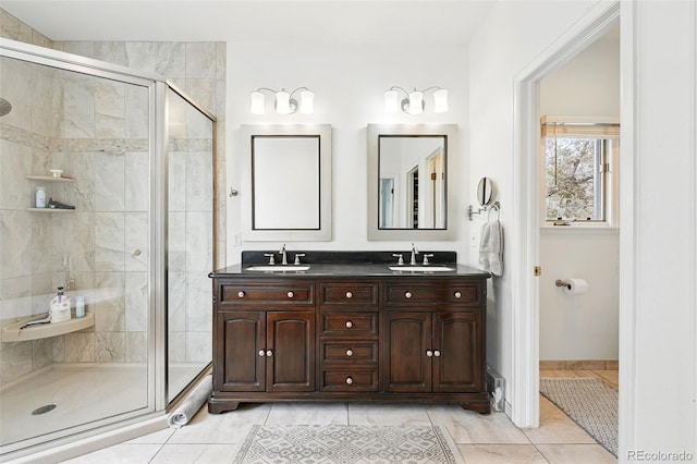 4212 E Orchard Pl, Centennial, CO 80121 - full bathroom featuring a shower stall, double vanity, and tile patterned floors