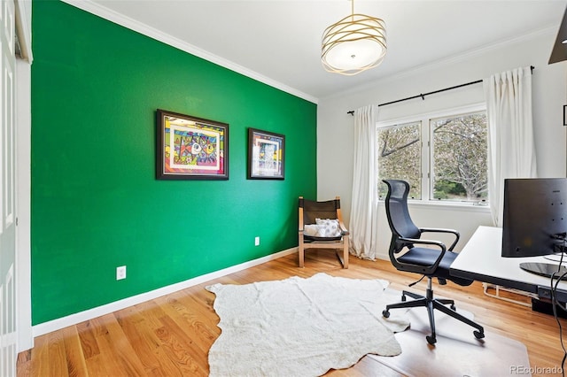 4212 E Orchard Pl, Centennial, CO 80121 - office space with an accent wall, ornamental molding, baseboards, and wood finished floors