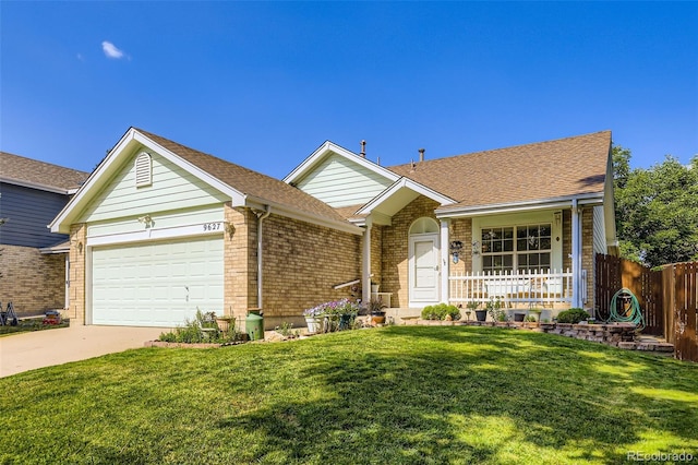 9627 Franklin St, Thornton, CO 80229 - single story home with a garage, covered porch, driveway, brick siding, and a shingled roof