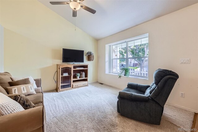 9627 Franklin St, Thornton, CO 80229 - carpeted living room featuring vaulted ceiling and ceiling fan
