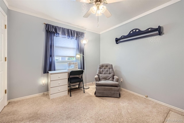 9627 Franklin St, Thornton, CO 80229 - sitting room with ceiling fan, carpet, ornamental molding, and a desk