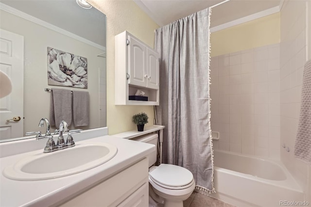 9627 Franklin St, Thornton, CO 80229 - bathroom featuring vanity, shower / bath combo with shower curtain, and crown molding