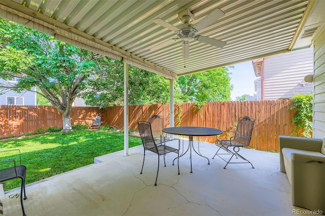 9627 Franklin St, Thornton, CO 80229 - fenced backyard featuring ceiling fan, outdoor dining space, and a patio