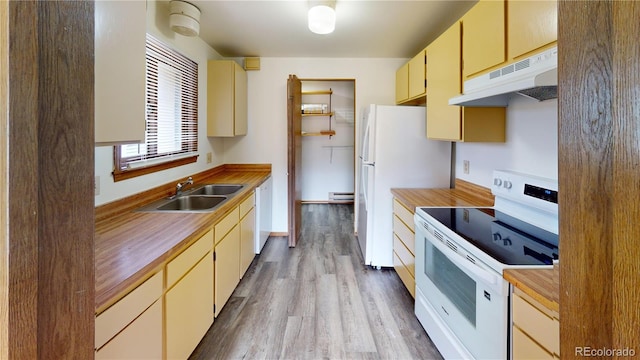 290 Castello Ave, Fairplay, CO 80440 - kitchen featuring white appliances, under cabinet range hood, wood finished floors, a baseboard radiator, and cream cabinetry