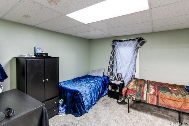 bedroom featuring carpet floors and a drop ceiling