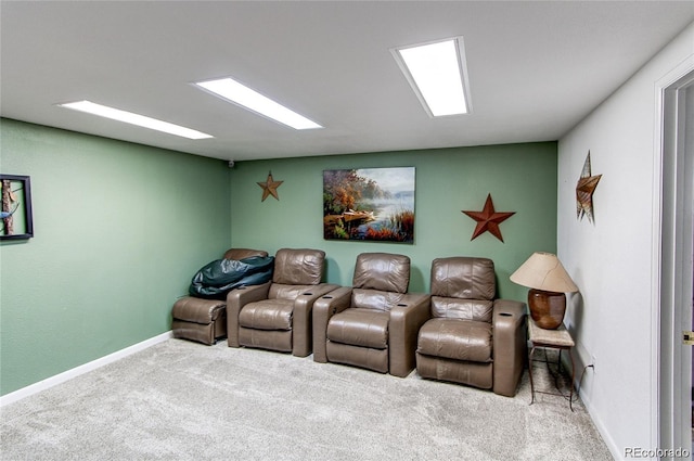 home theater room with light carpet