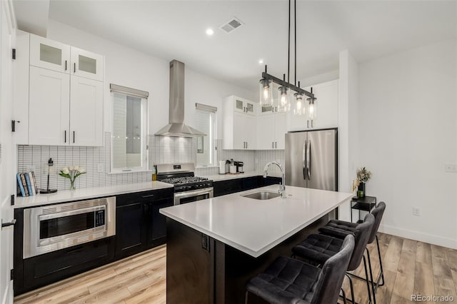 kitchen featuring white cabinets, wall chimney exhaust hood, a kitchen island with sink, and appliances with stainless steel finishes